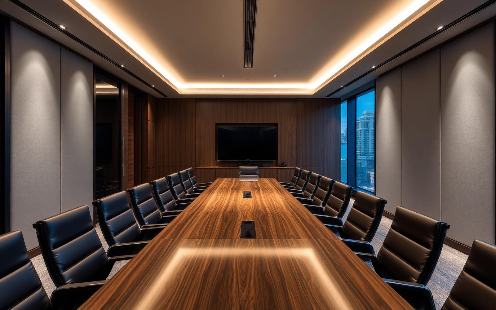 Executive boardroom with walnut table, leather chairs and city view