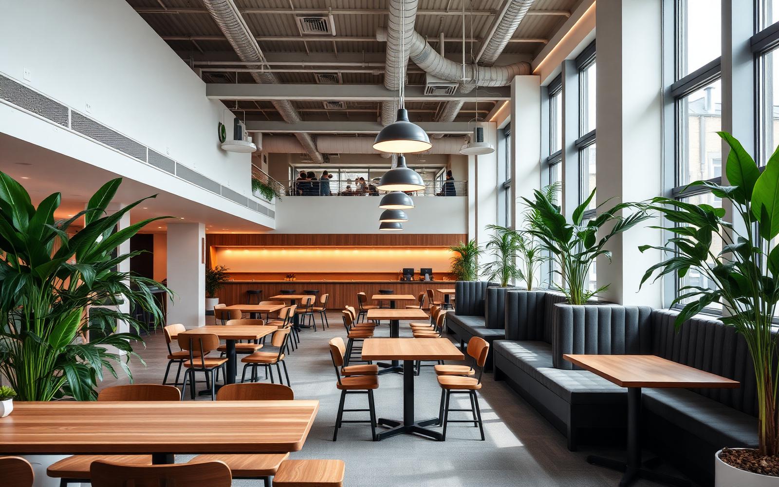 Corporate cafeteria with banquette seating, pendants and biophilic plants
