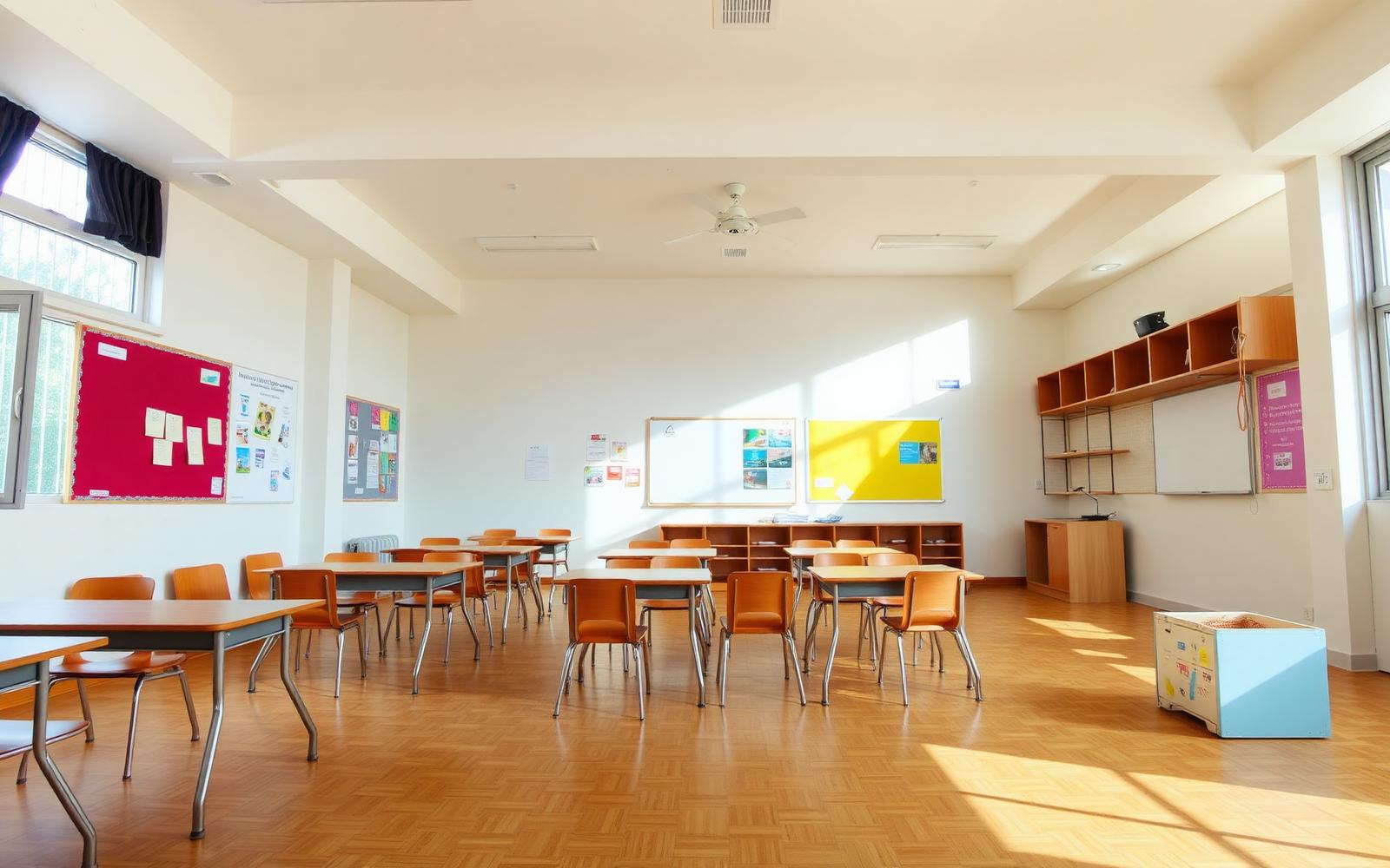 Modern school classroom with flexible seating and daylight