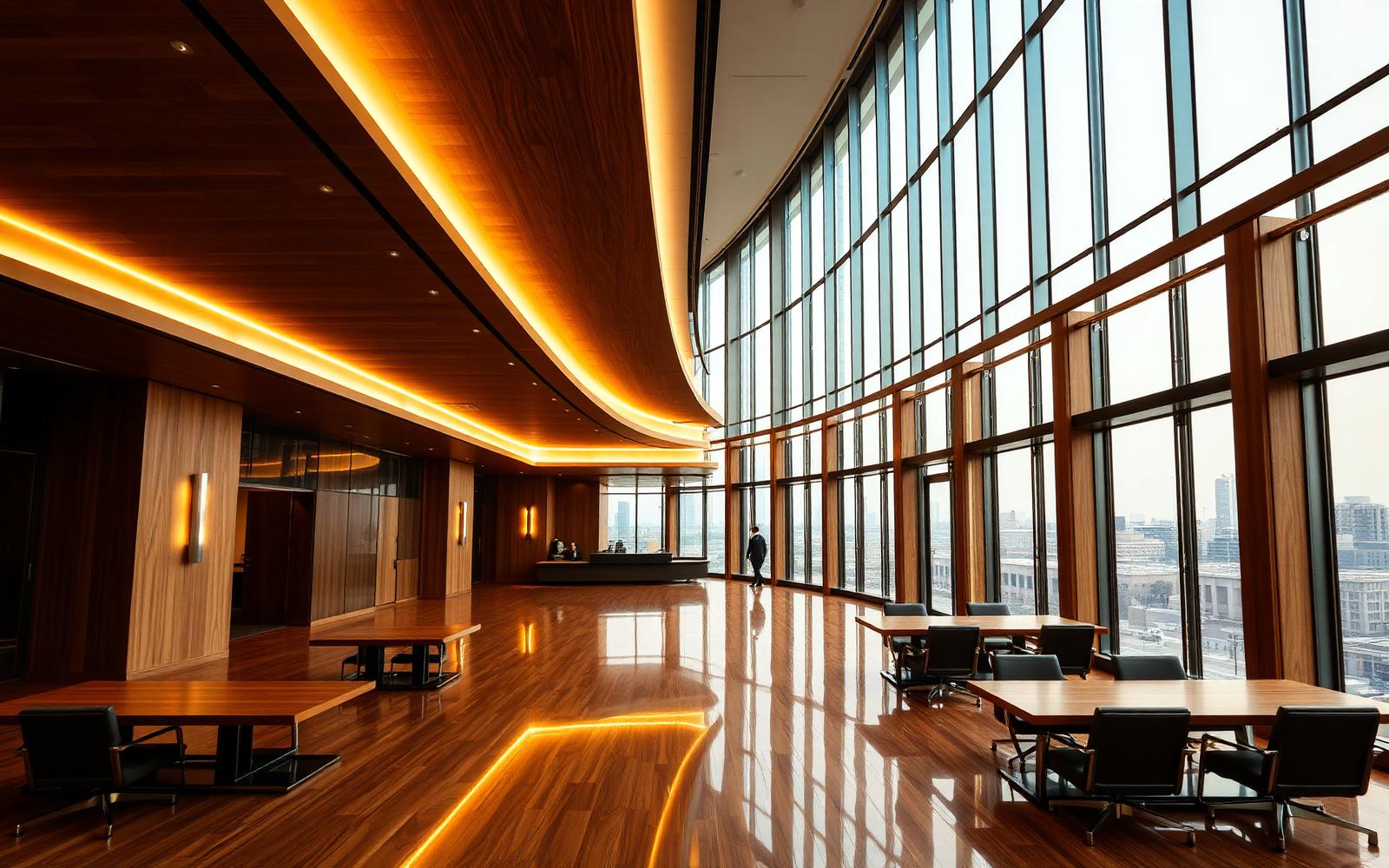Corporate headquarters lobby renovation with warm oak wood and city views