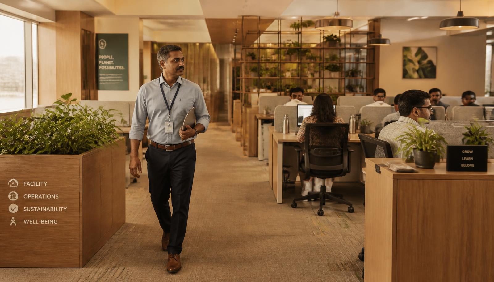 Facility manager walking through a well-maintained corporate workplace in daily operation