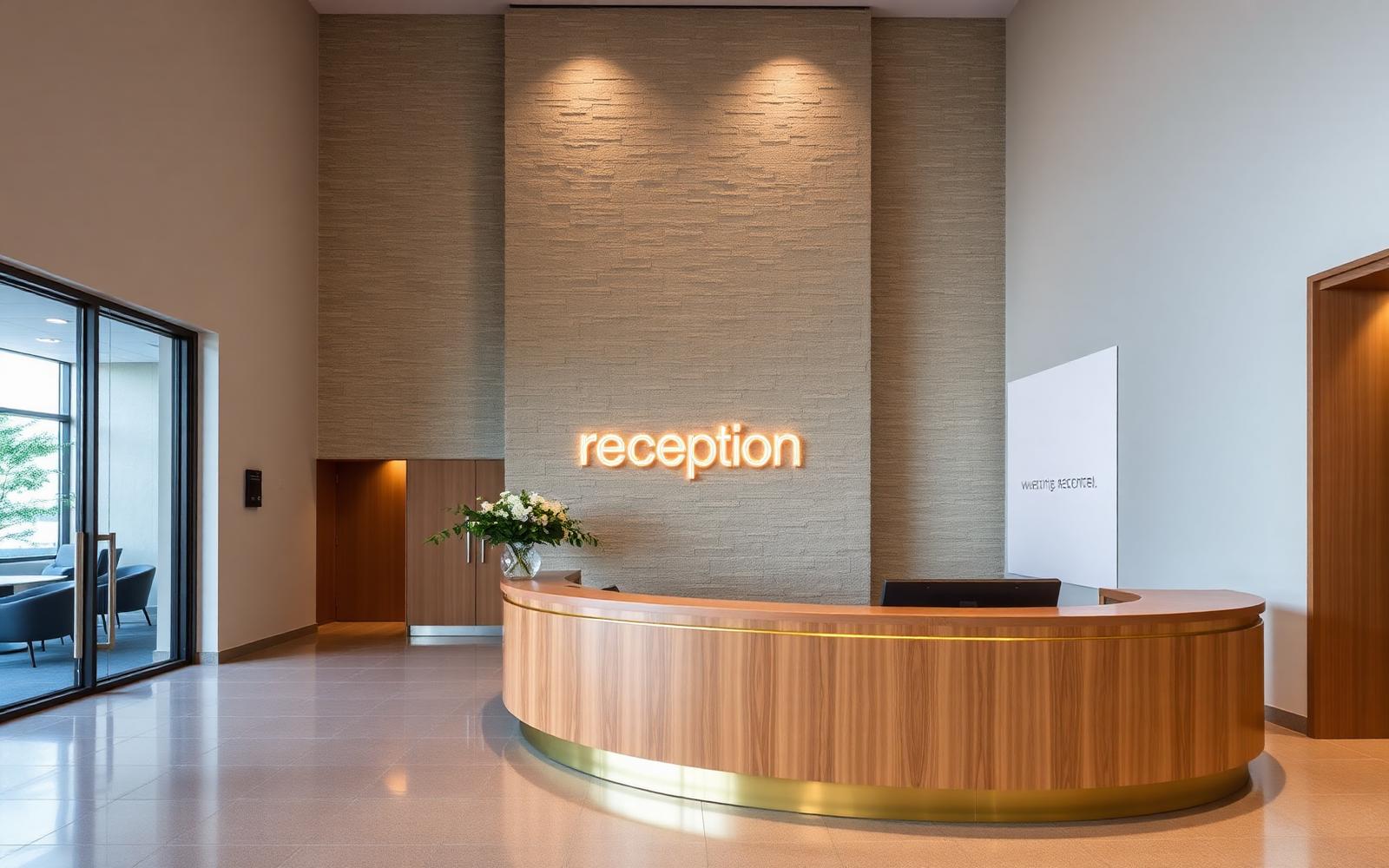 Corporate reception lobby with stone feature wall and oak reception desk