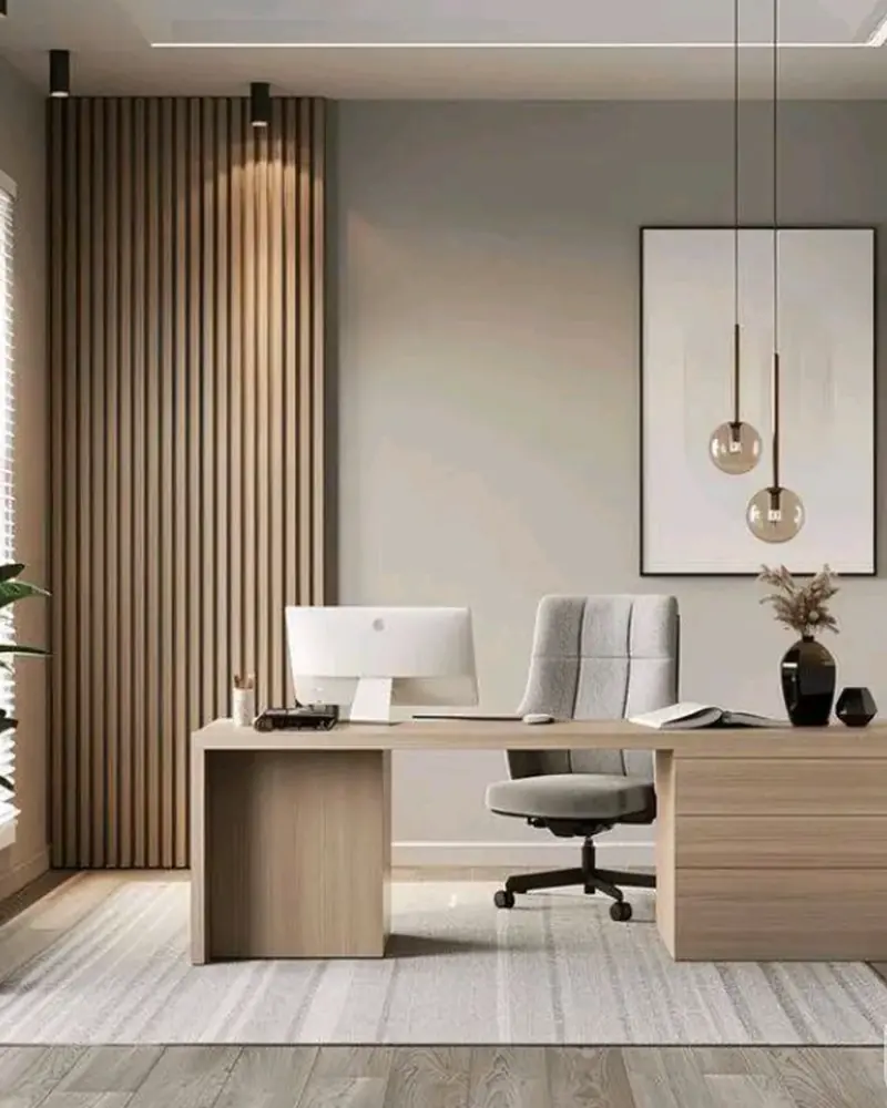 Leadership cabin with an oak desk, slatted timber feature wall and soft daylight