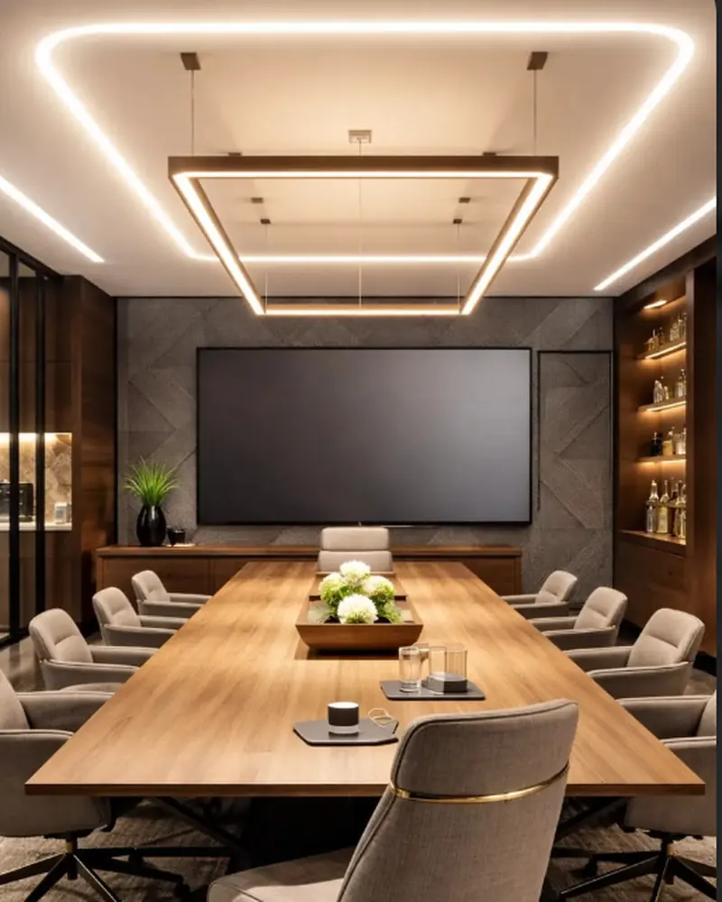 A daylit corporate conference room with a long timber table, upholstered chairs and full-height glazing