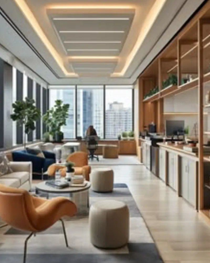 Collaboration space with lounge seating, joinery storage and city views